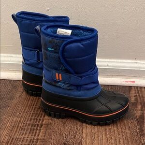 Blue and Black Winter Boots with Orange Accent